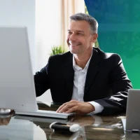 A middle-aged man in a suit at a desk smiling at computer screen, business owner, business rates assessment
